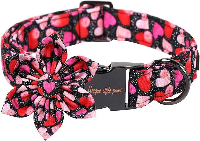 Unique Style Paws Valentine's Day Dog Collar with Bow Colorful Heart Love Dog Collars for Small Medium Large Dog New (XL, Black Flower)