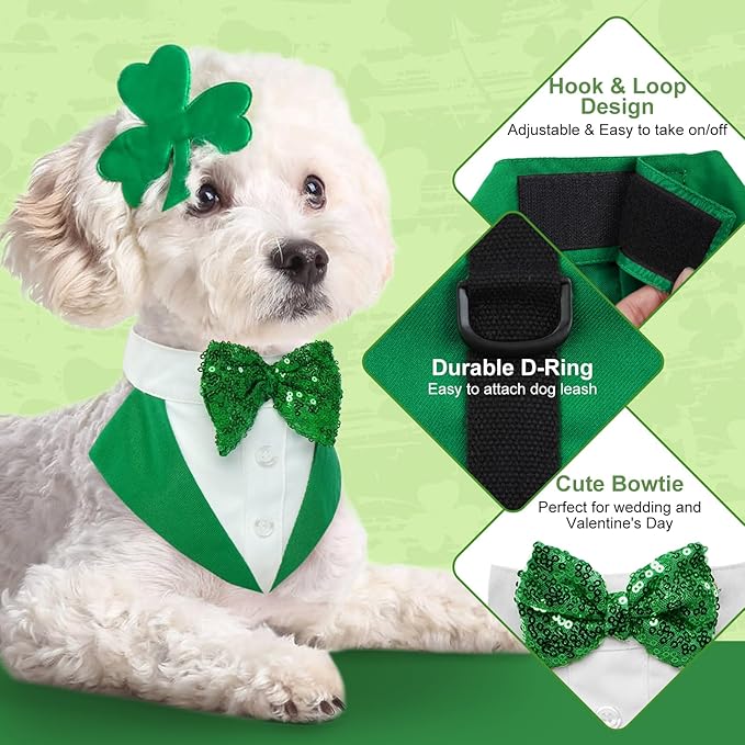 Kuoser St. Patrick's Day Dog Tuxedo Suit and Bandana Set, Large Dog Wedding & Party Attire, Prince Bow Tie Shirt, Golden Retriever, Samo Bulldogs