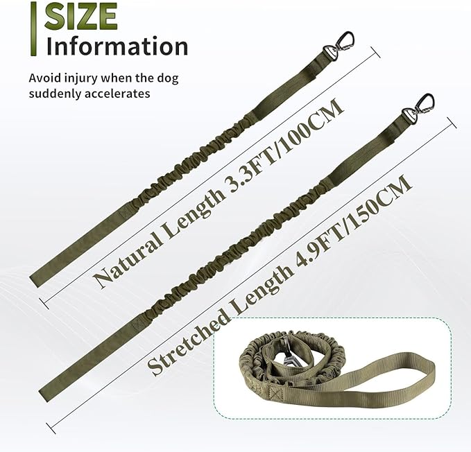 Tactical Dog Collar and Leash Set, Adjustable Military Nylon Dog Bungee Leash and Collar with Handle and Heavy Metal Buckle, Dog Training Collar Leash Set for Medium Large Dog (L, Green)