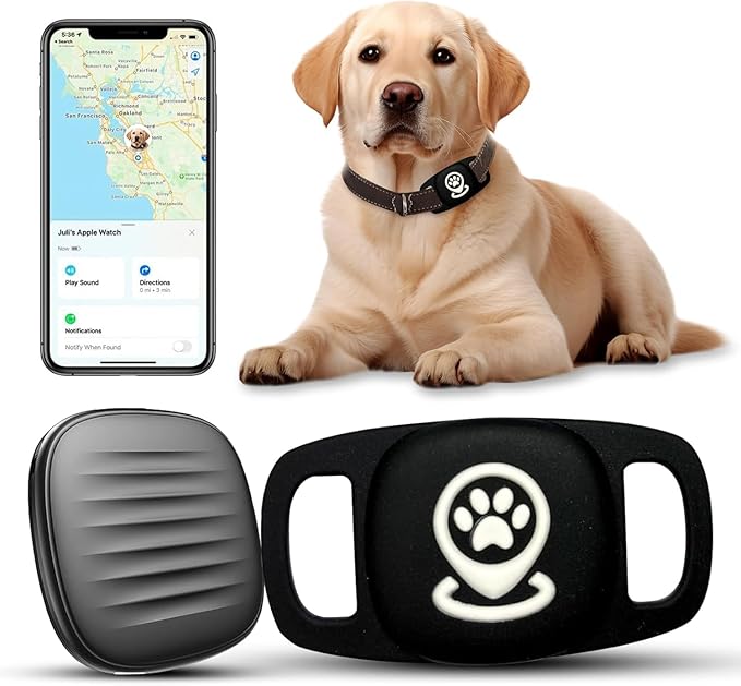Smart Pet Tracker with Collar Holder, Personalized Dog Location Finder, MFi Certified, No Monthly Fees, Compatible with Apple Find My (iOS Only), Not a GPS Tracker-Black