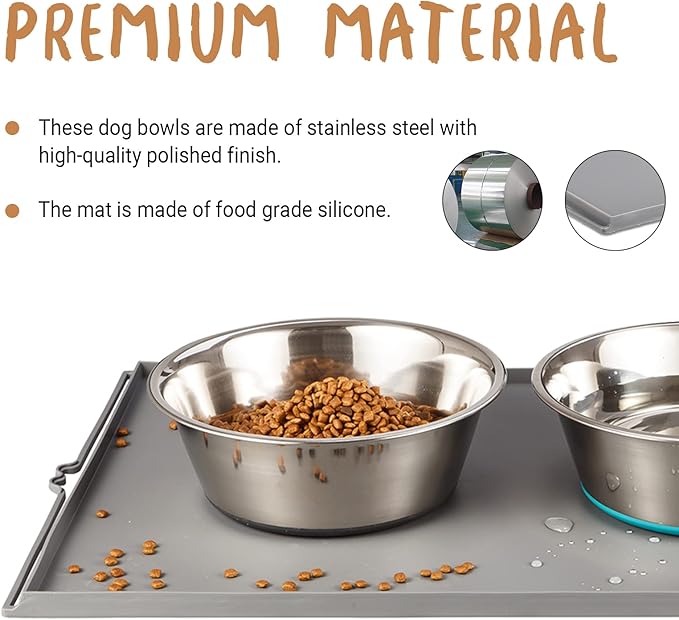 PEGGY11 Deep Stainless Steel Anti-Slip Dog Bowls with Silicone Mat - 2 Bowls + Mat, 3 Cups