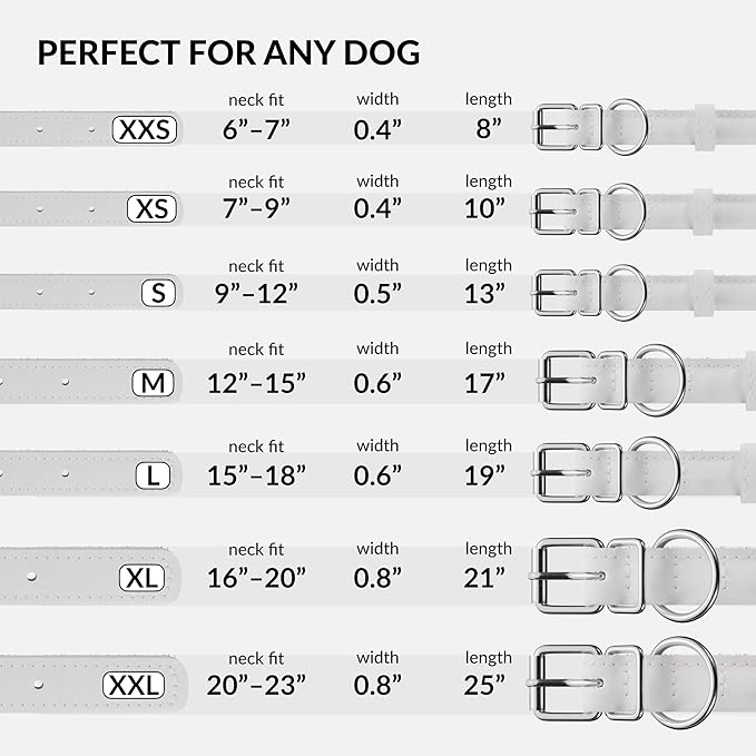 CollarDirect Rolled Leather Dog Collar, Soft Padded Round Puppy Collar, Handmade Genuine Leather Collar Dog Small Large Cat Collars 13 Colors (20-23 Inch, White Textured)