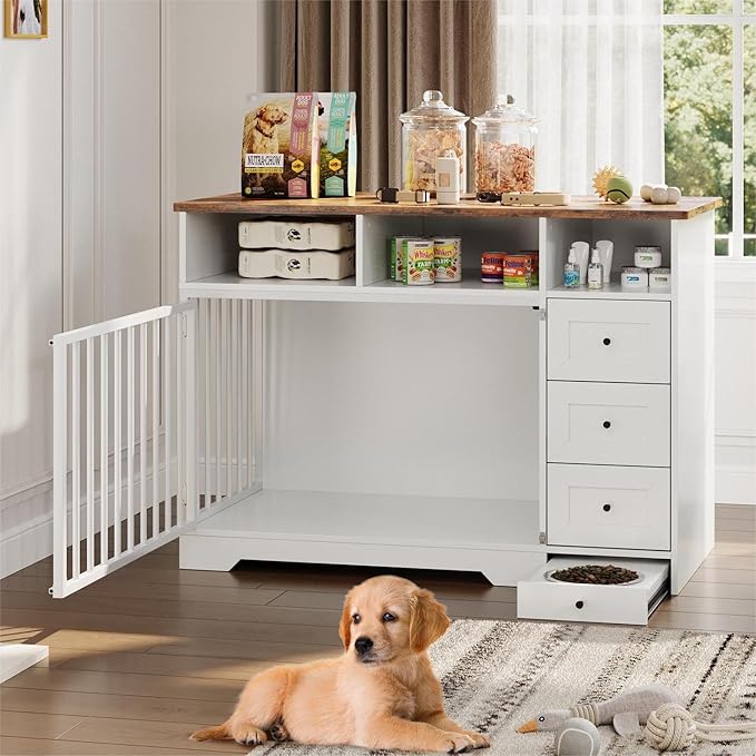 Dog Crate Furniture for Small Dogs, Wooden Dog Kennel Indoor with Storage Shelves, 3 Drawers & Hidden Bowl, Modern Pet Cage Side End Table, up to 120 lb, 48" L, Steel Lock, White
