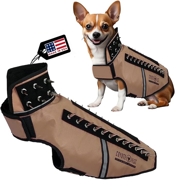 CoyoteVest SpikeVest Dog Harness Vest for Small Dogs, Reflective Dog Vest with Spikes to Shield Your pet from Coyotes, Raptor and Animal Attacks, Anti Hawk Vest, Made in USA (M-Texas Tan)