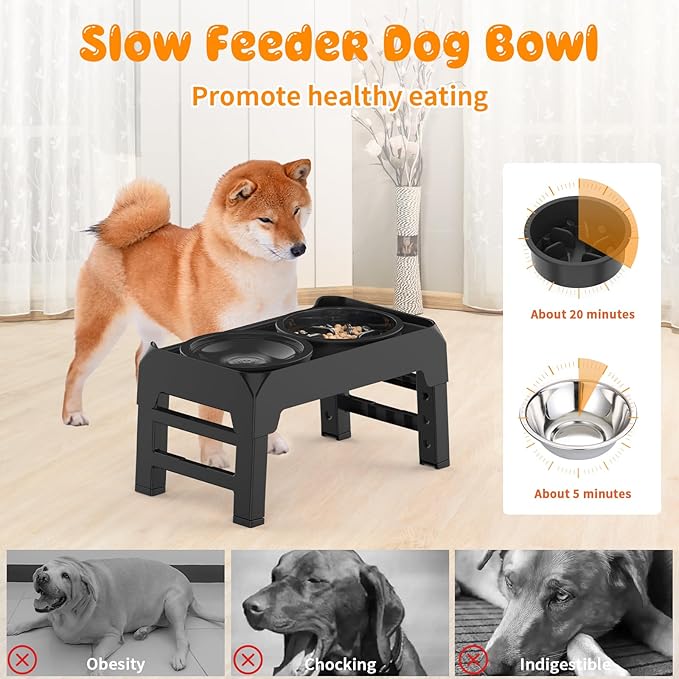 URPOWER 2-in-1 Elevated Dog Bowls Mess Proof Slow Feeder with No Spill Water Bowl 4 Height Adjustable Raised Dog Bowl Non-Slip Food and Water Bowls Set for Small Medium Large Dogs
