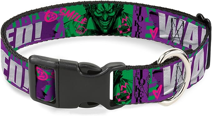 DC Comics Pet Collar, Dog Collar Plastic Buckle, The Joker Wanted Smiling Pose and Graffiti Purples Greens, 9.5 to 14.5 Inches 0.5 Inch Wide
