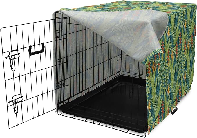 Lunarable Tropical Dog Crate Cover, Exotic Bird of Paradise Blossoms Banana and Areca Fan Palm Leaves, Easy to Use Pet Kennel Cover for Small Dogs Puppies Kittens, 18 Inch, Yellow Green and Dark Teal