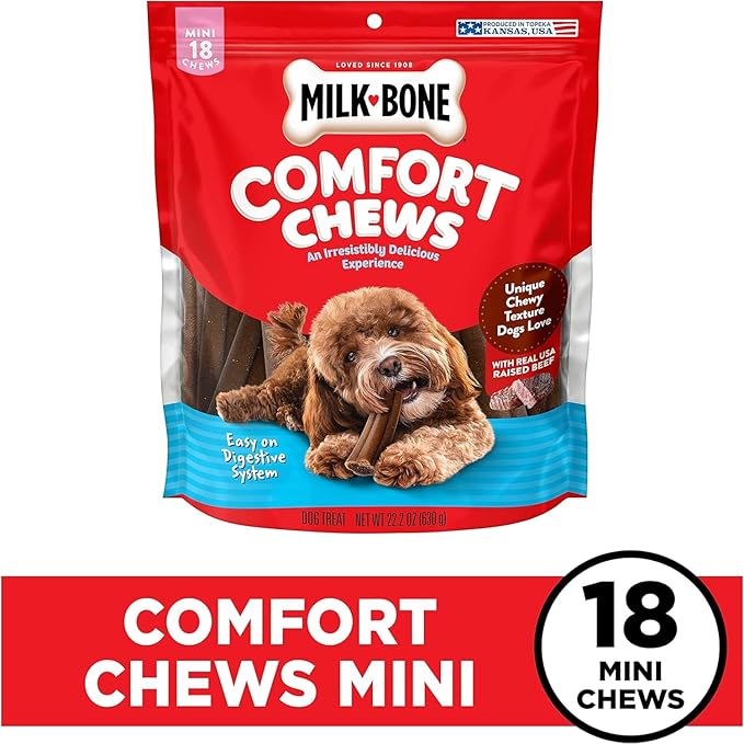 Milk-Bone Mini Comfort Chews, Rawhide Free Dog Treats with Unique Chewy Texture and Real Beef, 18 Mini Chews (Pack of 4)