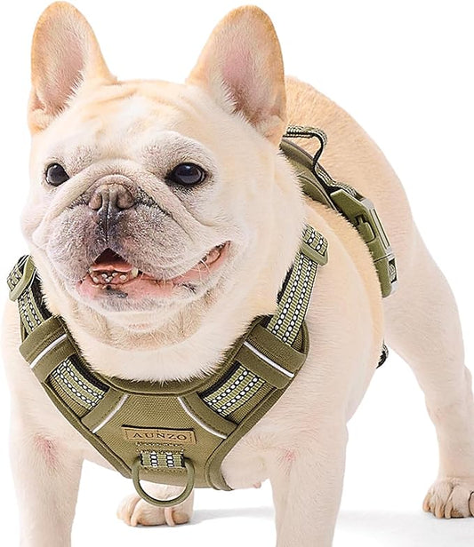 Non Pulling Dog Harness for Medium Dogs, Adjustable Reflective Harness Vest with Handle, for Working Training Hiking Walking, Escape Proof Army Green Pet Vest for M Sized Dog