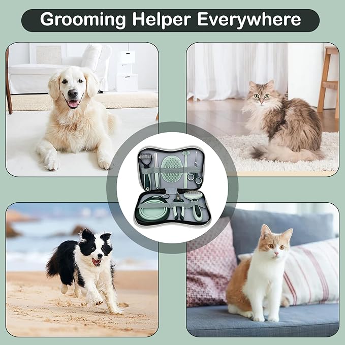 8 Pcs Pet Grooming Kit, Cat Dog Brush, Nail Clipper, Deshedding Brush, Undercoat Rake, Pet Shampoo Bath Brush, Toothbrush, Collapsible Bowl