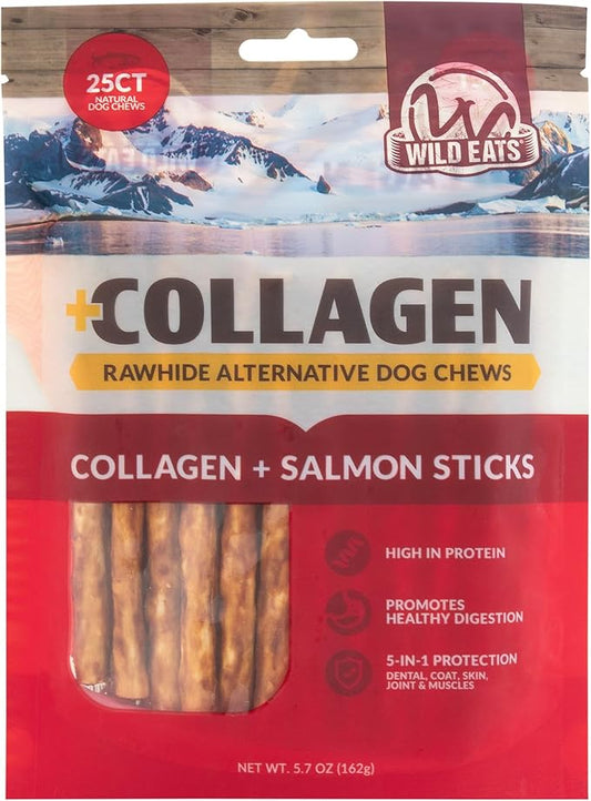 Collagen Sticks for Dogs Real Salmon 25ct - Long Lasting Dog Chew High Protein, Highly Digestable Bully Stick