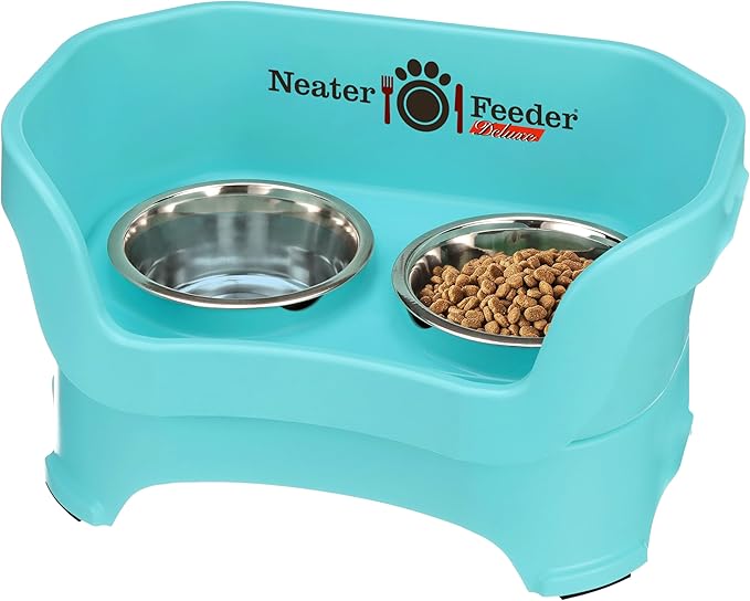 Neater Feeder Deluxe Mess Proof Dog Bowls Elevated Medium Sized Dog Breed – Made in USA – No Spill Raised Dog Food Bowl Stand – Stainless Steel Food and Water Bowl Set, Pet Feeding Station, Aquamarine