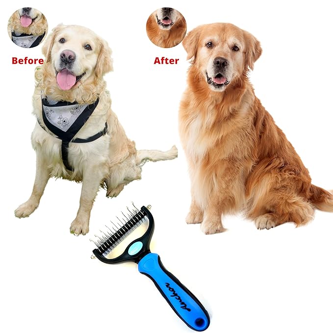 ANCHOR Pet Grooming Brush-Double Sided Shedding and Dematting Undercoat Rake Comb for Dogs and Cats, No More Nasty Shedding or Flying Hair (Blue), 1.0 Count
