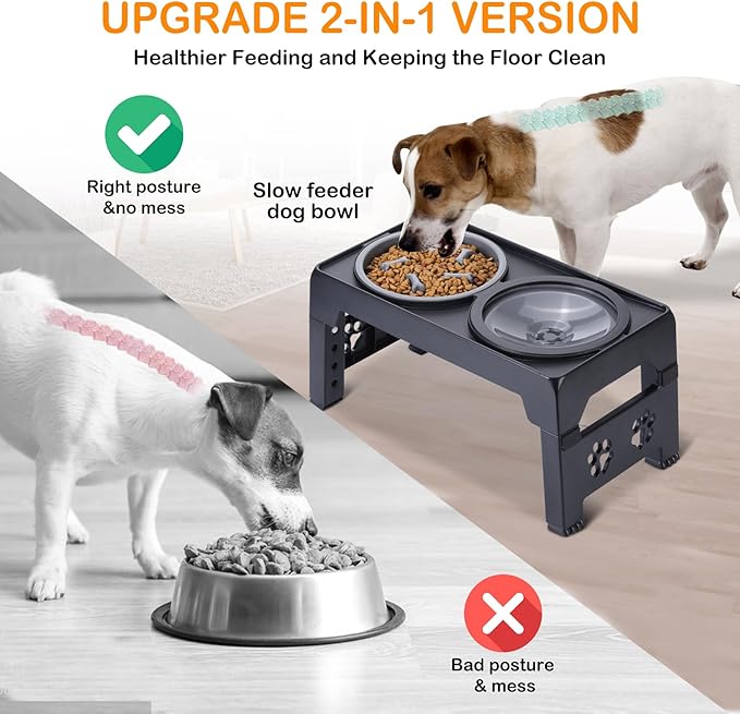 Elevated Dog Bowls, Raised Slow Feeder Dog Bowls with No Spill Water Bowl, Dog Bowl Stand Adjusts to 5 Heights 2.95", 8.46", 9.65", 10.82", 12.01" for Small Medium Large Dogs and Pets, Black