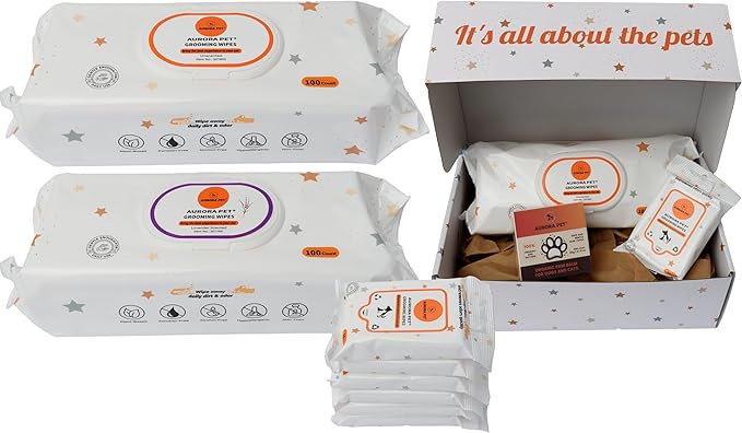 Aurora Pet Wipes – 100% Natural, Plant-Based Hypoallergenic Grooming Wipes for Dogs & Cats – Extra-Durable, Large & Thick for Effortless Cleaning (Combo, 200 Count)