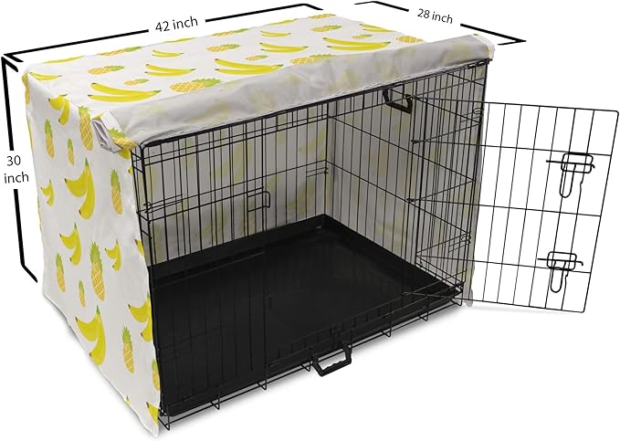Lunarable Yellow Pineapple Dog Crate Cover, Continuous Ananas and Banana Tropical Fruits Print, Easy to Use Pet Kennel Cover for Medium Large Dogs, 42 Inch, Yellow Green Yellow