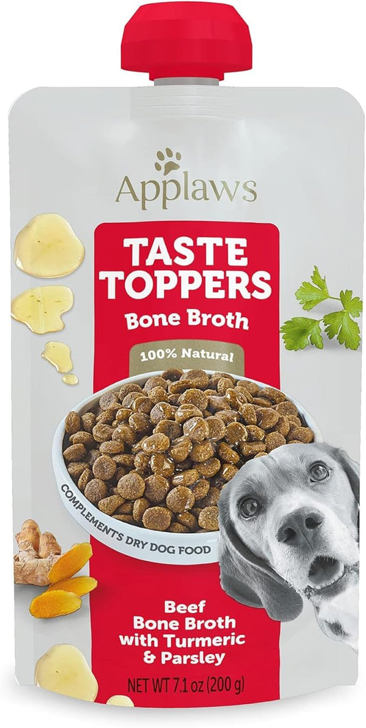 Applaws Taste Toppers, Bone Broth for Dogs, Natural Dog Food Topper, 6 Count, Limited Ingredient, Grain Free, Meal Topper for Dogs, Beef Bone Broth with Turmeric & Parsley, 7.10fl oz Pouches