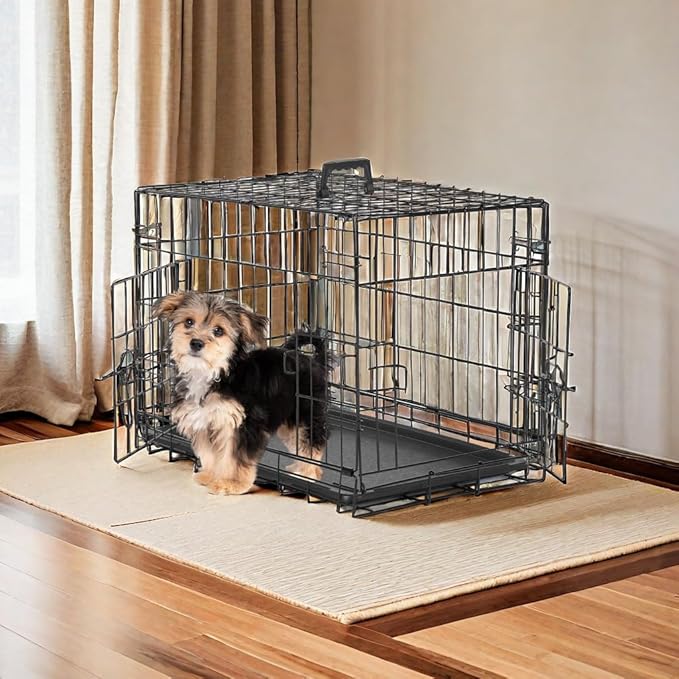 Dog Crates for Medium Dogs, Heavy Duty Dog Cage Indoor W/Divider Panel & Removable Tray, Metal Double Doors Dog Kennel for Indoor Outdoor Travel, Floor Protecting Feet, 24 in Black