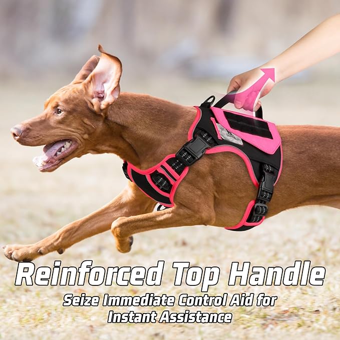WINGOIN Tactical Dog Harness for Extra Large Dogs, No Pull Harness with Handle Pockets Poop Bag, Reflective Dog Vest, Military Heavy Duty Big Dog Harness for Walking Hiking Training, Black Pink, XL