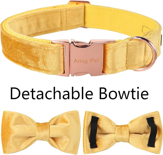 ARING PET Bowtie Dog Collar-Velvet Dog Collars with Detachable Bowtie, Adorable&Soft Yellow Dog Collar.