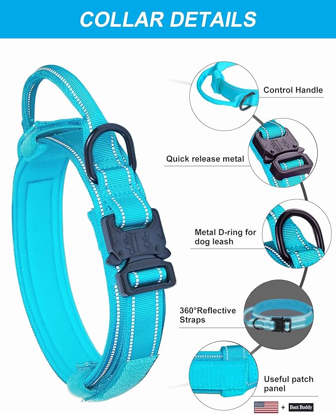 AUBELL Reflective Tactical Dog Collar with Handle, Heavy Duty Military Durable Thick Dog Collar with Metal Buckle Great for Medium Large Dogs, with Airtag Case and 2 Patches(Blue, XL)