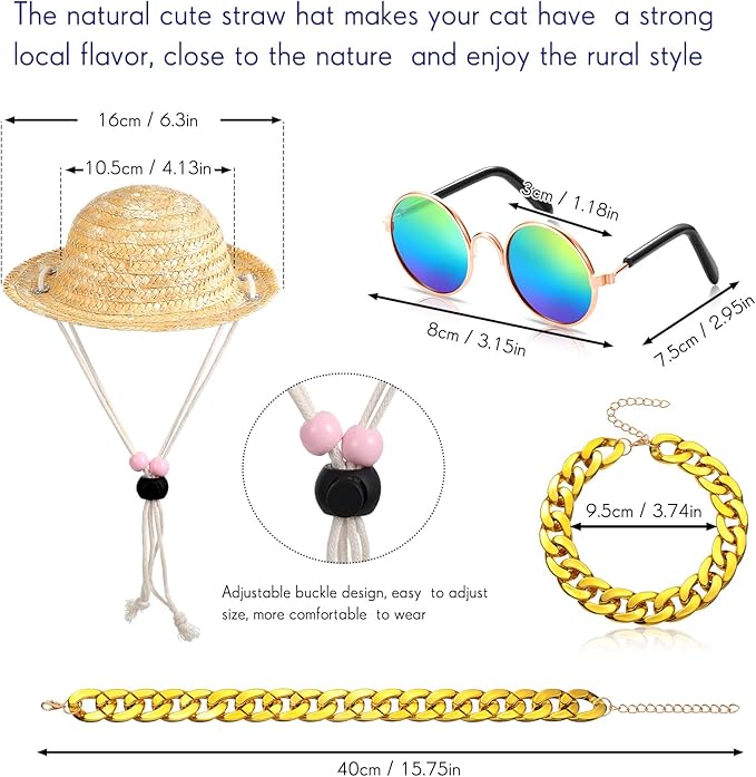 Weewooday 6 Pieces Dog Cat Costume, Pet Sunglasses and Summer Straw Hat with Faux Gold Chain Collar, Classic Funny Pet Accessories for Cat Puppy Small Medium Dog(Cool Style,Stylish Colors)