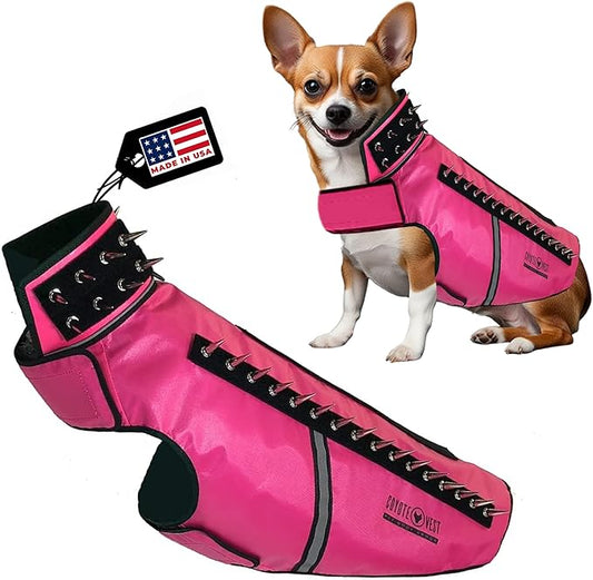 CoyoteVest SpikeVest Dog Harness Vest for Small Dogs, Reflective Dog Vest with Spikes to Shield Your pet from Coyotes, Raptor and Animal Attacks, Anti Hawk Vest, Made in USA (L-Pink)
