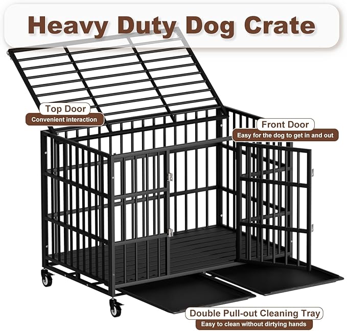 38 Inch Heavy Duty Dog Crate with Wheels，Indestructible Escape-Proof Dog Cage for Large Dogs, Extra Large XL XXL Indestructible Dog Crate with Removable Tray.