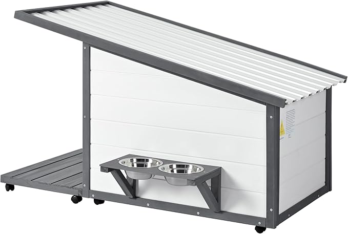 Dog House with Terrace,Weatherproof PVC Roof Small Dogs Kennel W/ 2 Feeding Stainless Bowls and 4 Wheels,Indoor & Outdoor Pine Dog Cage,Easy to Assemble,for Small Dogs,Pets,Gray