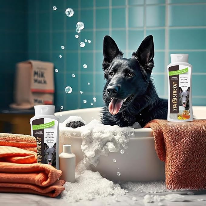 Pet Dog Shampoo Mud and Natural Dead Sea Mineral Rich, Aloe Vera & Vitamin-E, Soothing, Soften & Shiny Coat, Cleansing - Natural Honey & Milk - (1) Bottle 16.5 FL OZ