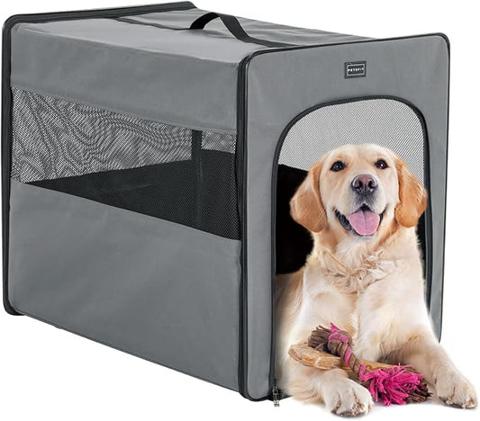PETSFIT Collapsible Dog Crate, Soft Sided Dog Crate - 31 Inch with Thicken Mat, Easy to Fold, Sturdy and Portable, Perfect for Traveling, Dog Travel Crate Grey