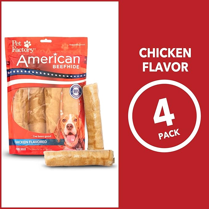 Pet Factory American Beefhide 7" Rolls Dog Chew Treats - Chicken Flavor, 4 Count/1 Pack