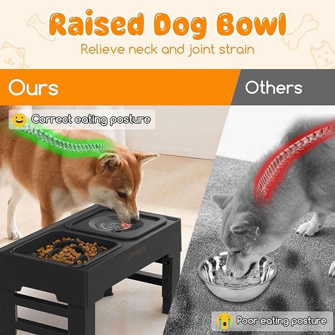 URPOWER 2-in-1 Elevated Slow Feeder Dog Bowls with No Spill Dog Water Bowl 4 Height Adjustable Raised Dog Bowl Non-Slip Dog Food and Water Bowls with Stand for Small Medium Large Dogs, Cats and Pets