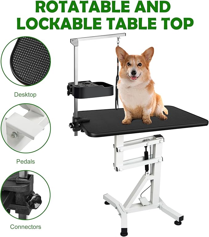 31" Dog Grooming Table, Pneumatic Lift Adjustable Small Pet Trimming Station for Home with Anti-Skid Rubber and Rotatable Desktop （Up to 50lbs）