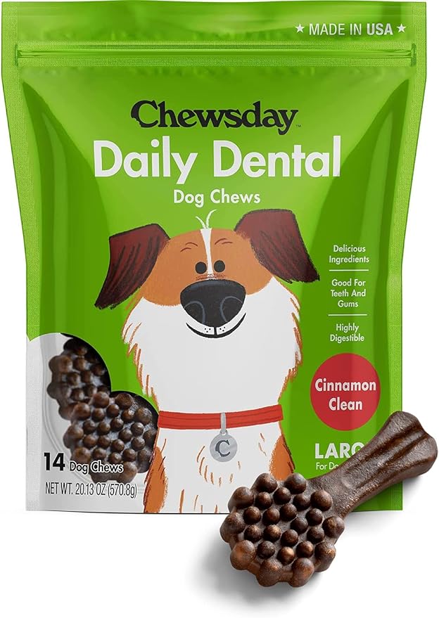 Chewsday Large Cinnamon Clean Daily Dental Dog Chews, Made in The USA, Natural Highly-Digestible Oral Health Treats for Healthy Gums and Teeth - 14 Count