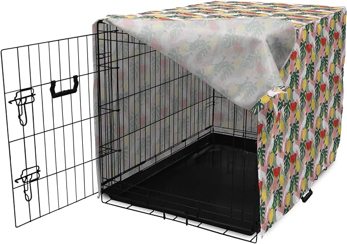 Ambesonne Summer Dog Crate Cover, Cockatoo Parrot in Exotic Forest Watermelon Slices Monstera Lemons Pattern, Easy to Use Pet Kennel Cover for Cats & Medium Dogs, 24 Inch, Rose and Multicolor