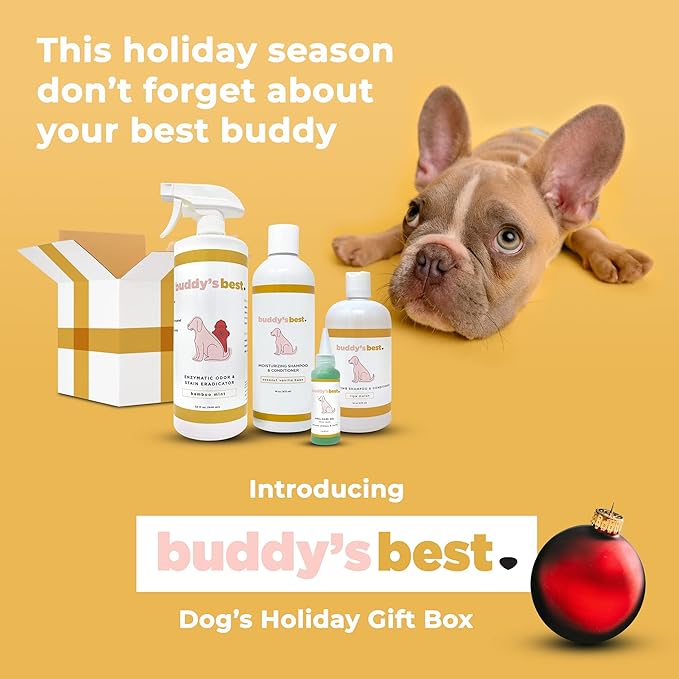 Buddy's Best Dog Gift Box for Holidays & Special Occasions - Pet Package with Odor Eradicator (32oz), Oral Care Gel (2oz), and Shampoo Bottles, Coconut Vanilla (16oz) & Ripe Melon (16oz)