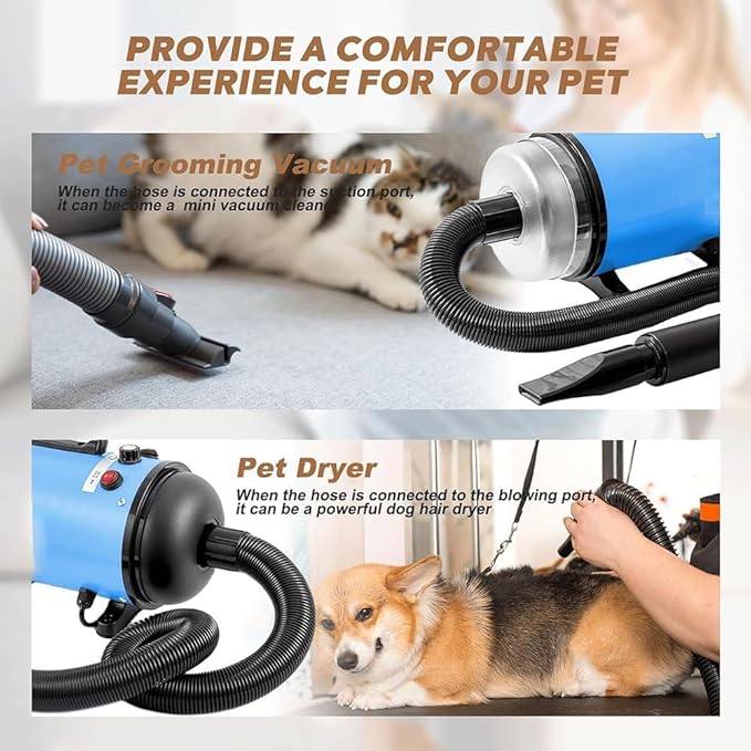 Dog Dryer, Dog Blow Dryer, High Velocity Professional Pet Grooming Vacuum, Dog Hair Dryer with Heater, Stepless Adjustable Speed, 3 Different Nozzles and a Comb for Home, Pet Washing Station, Travel