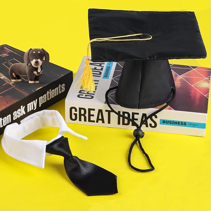 FOIMAS Dog Graduation Hats,Pet Graduation Caps Adjustable with Yellow Tassel and Necktie Collar for Dog Cat Graduation Hats Costume Accessory