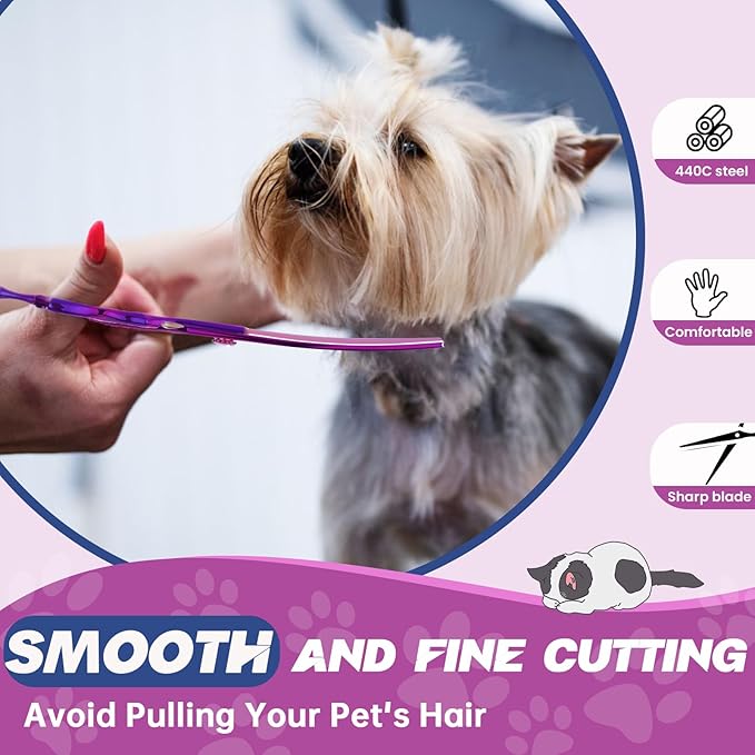 JASON 7" Dog Grooming Scissors - Ergonomic Curved Chunkers Purple Curved Dog Shears 440C Stainless Steel Grooming Shears Professional Pet Shears For Groomer (28-Teeth, Down-curved)