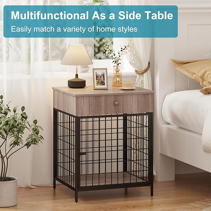 Decorative Grey Steel-Tube Dog Kennel Table with Drawer, Chew-Proof Indoor Pet Crate End Table for Small Dogs
