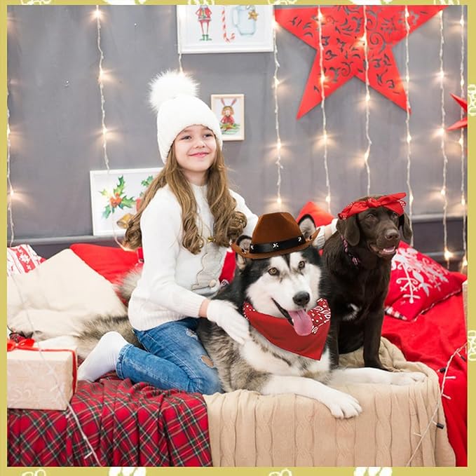 Dog Costume Halloween Dog Cat Cowboy Hat with Dog Bandana Funny Cute Pet Cowboy Costume Cosplay Cap Party Accessories