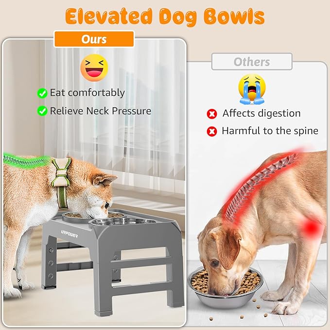 URPOWER 4 Height Adjustable Elevated Dog Bowls - 50oz Large Capacity Stainless Steel Bowls, No-Spill Edge, Non-Slip Stand for Small, Medium, Large Dogs & Pets