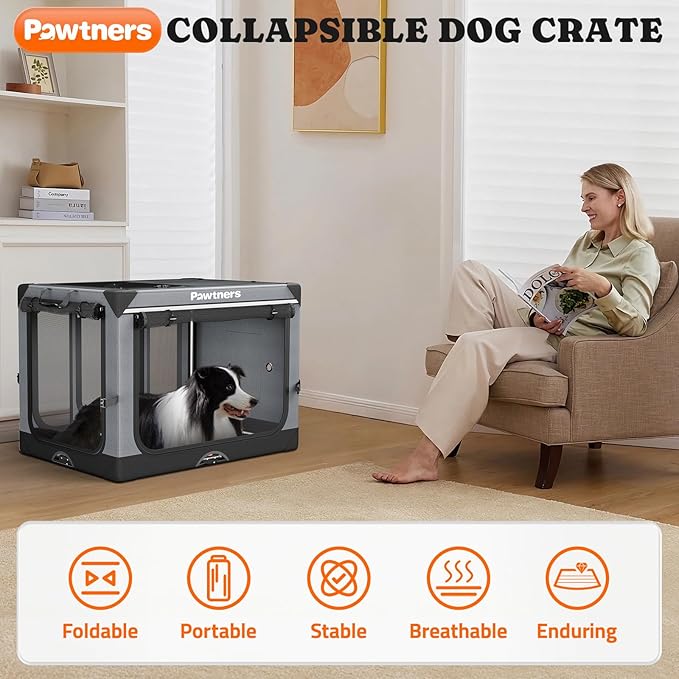 Collapsible Dog Crate: 38 Inch Foldable Soft Sided Dog Crate for Large Dogs, Portable Dog Travel Kennel with Soft Mat for Indoors & Outdoors, Grey