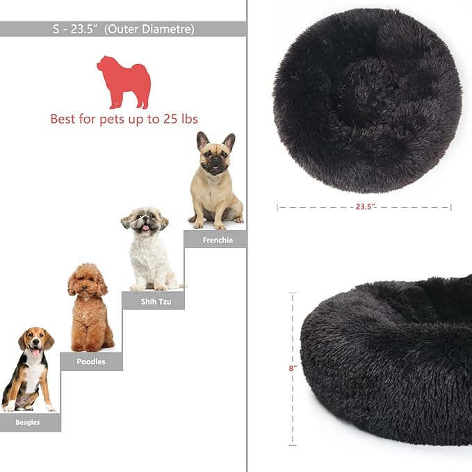 Black Dog Bed for Small Dogs Washble Calming Dog Bed for Small Dogs 23 Inch Fluffy Plush Black Dog Bed Round Donut Machine Washable Small Pet Bed.