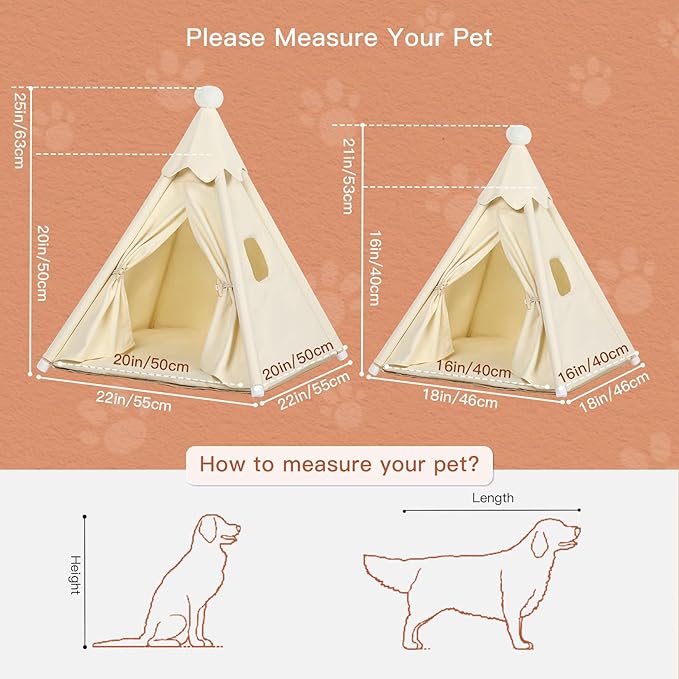 Pet Teepee Tent House for Large Cat & Small Dogs 20x20x20in, Small Dog House for Pugs, Large Cat House for Fat Cats, More Stable, Indoor, M for Pets Up to 20lbs, White