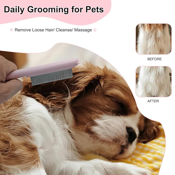 Cute Plastic Dog Comb with Stainless Steel Bristles and Furry Ears Design - Pet Grooming Tool for Removing Dirt and Tangles （Pink）