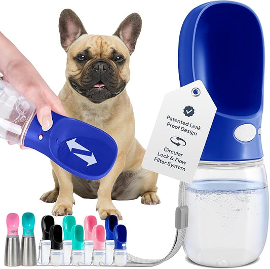 MalsiPree Leak Proof Travel Dog Water Bottle - 12 oz Navy Blue Portable & Lightweight Dog Water Bowl Dispenser - Food Grade Plastic - Puppy Essentials Dispenser Bottle - Pet Road Trip Essentials