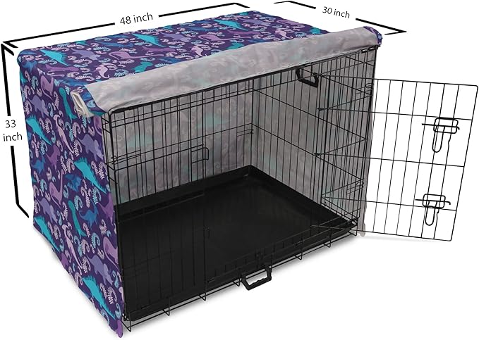 Lunarable Jurassic Dog Crate Cover, Abstract Cartoon Dinosaur Pattern Ferns Caricature Style Creatures Prehistoric, Easy to Use Pet Kennel Cover for Medium Large Dogs, 48 Inch, Blue Purple