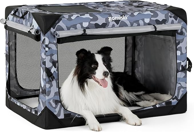 Collapsible Dog Crate for Large Dogs - Portable Dog Travel Crate 36 Inch Soft Sided with Mesh Windows and 3-Door Curtains, Foldable Dog Kennel for Indoor and Outdoor, Camo